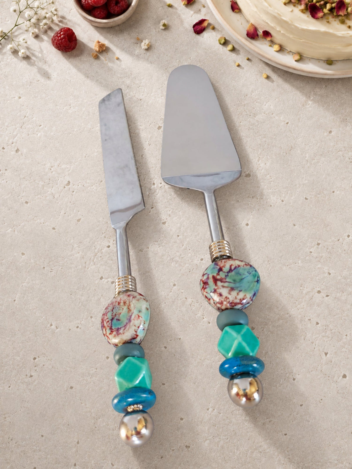 Cake knife and server with turquoise, blue and patterned beaded handles