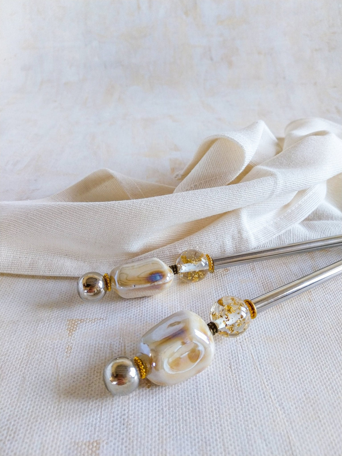 ALYA - Salad Servers Beaded with Natural Cream Beads 2-piece set - Zapurah - Home Decor - www.zapurah.com