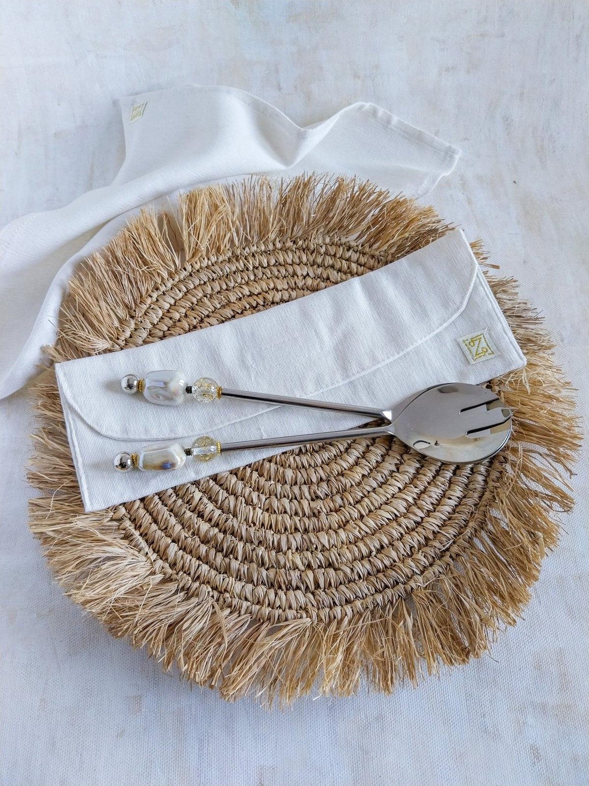 ALYA - Salad Servers Beaded with Natural Cream Beads 2-piece set - Zapurah - Home Decor - www.zapurah.com