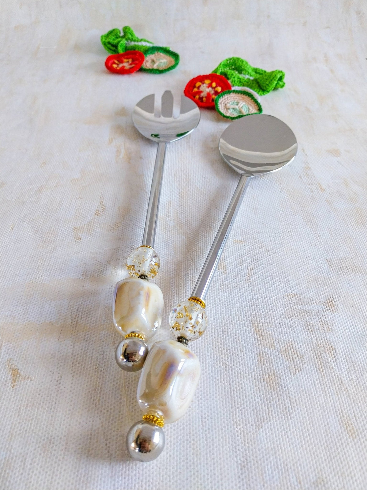 ALYA - Salad Servers Beaded with Natural Cream Beads 2-piece set - Zapurah - Home Decor - www.zapurah.com