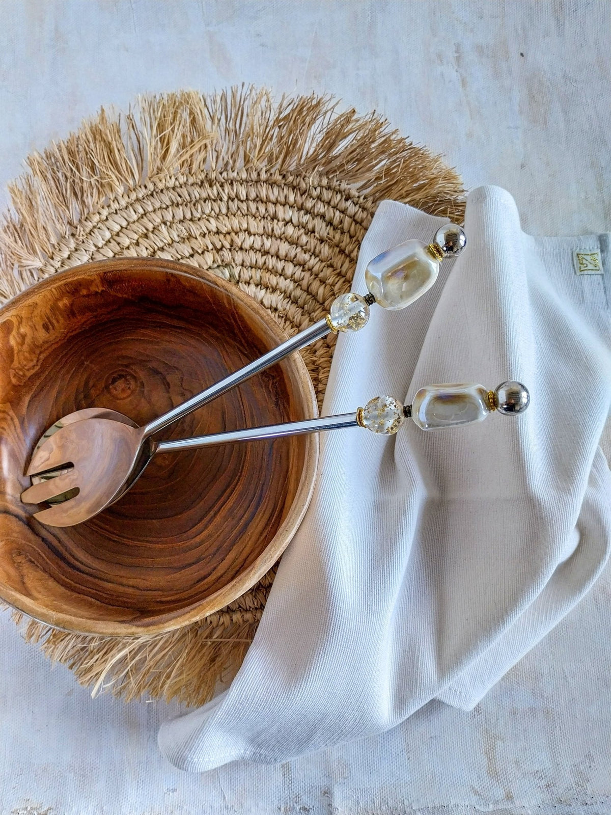 ALYA - Salad Servers Beaded with Natural Cream Beads 2-piece set - Zapurah - Home Decor - www.zapurah.com