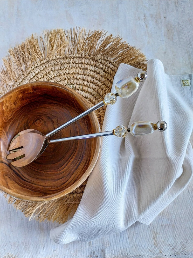 ALYA - Salad Servers Beaded with Natural Cream Beads 2-piece set - Zapurah - Home Decor - www.zapurah.com