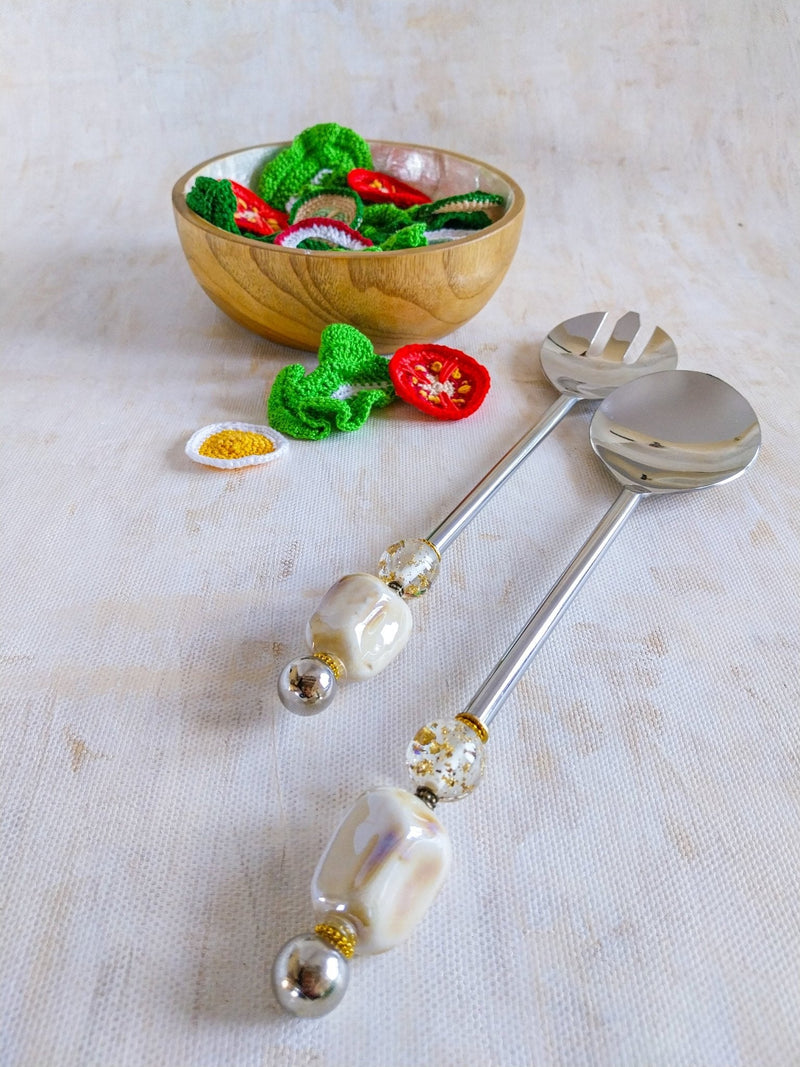 ALYA - Salad Servers Beaded with Natural Cream Beads 2-piece set - Zapurah - Home Decor - www.zapurah.com
