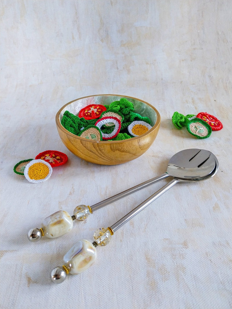 ALYA - Salad Servers Beaded with Natural Cream Beads 2-piece set - Zapurah - Home Decor - www.zapurah.com