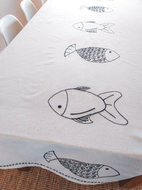 Off-White 3-meter Cotton Tablecloth with Blue Embroidered Fishes - Zapurah - Tablescapes - www.zapurah.com