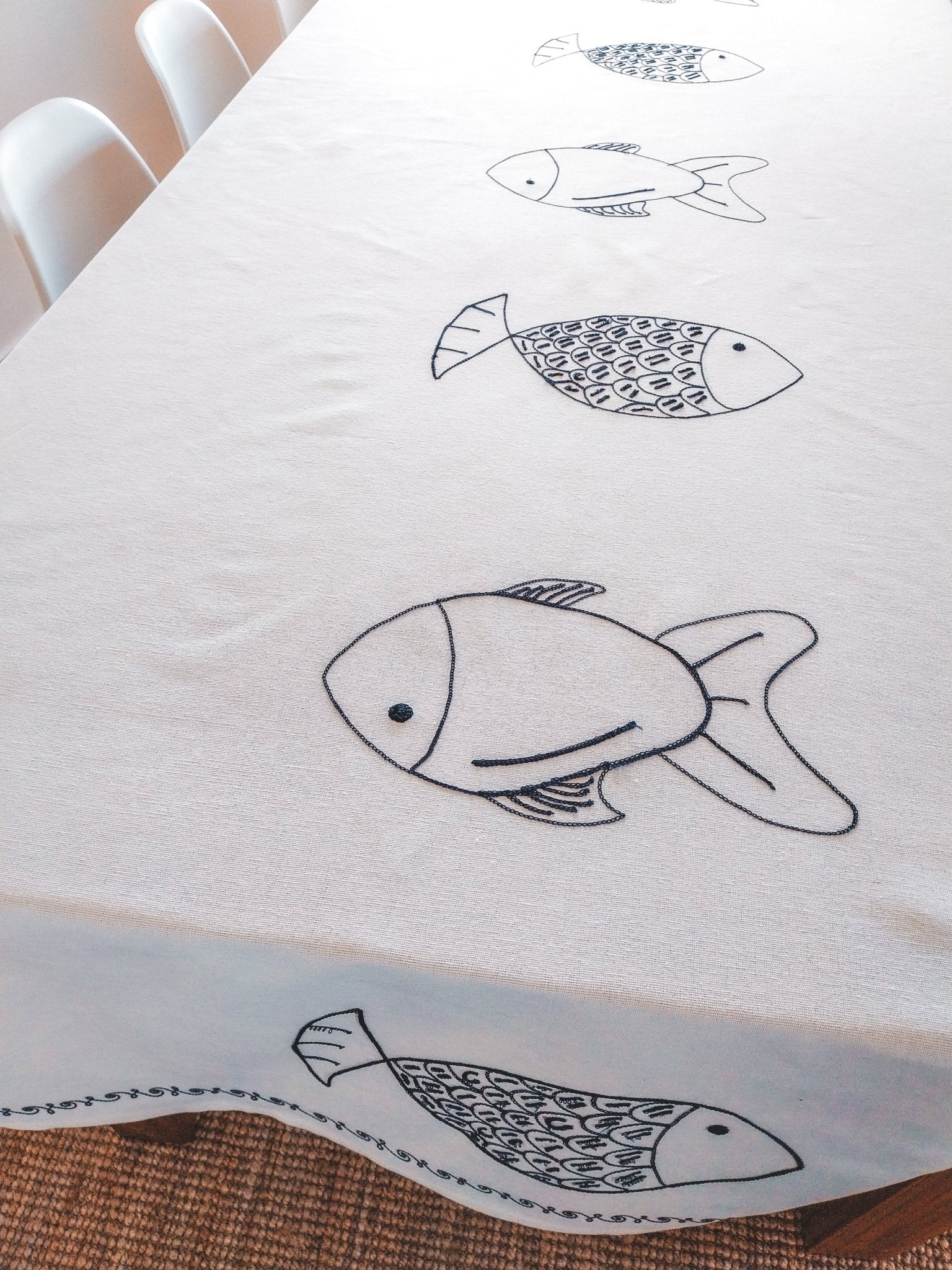 Off-White 3-meter Cotton Tablecloth with Blue Embroidered Fishes - Zapurah - Tablescapes - www.zapurah.com