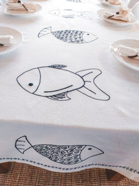 Off-White 3-meter Cotton Tablecloth with Blue Embroidered Fishes - Zapurah - Tablescapes - www.zapurah.com