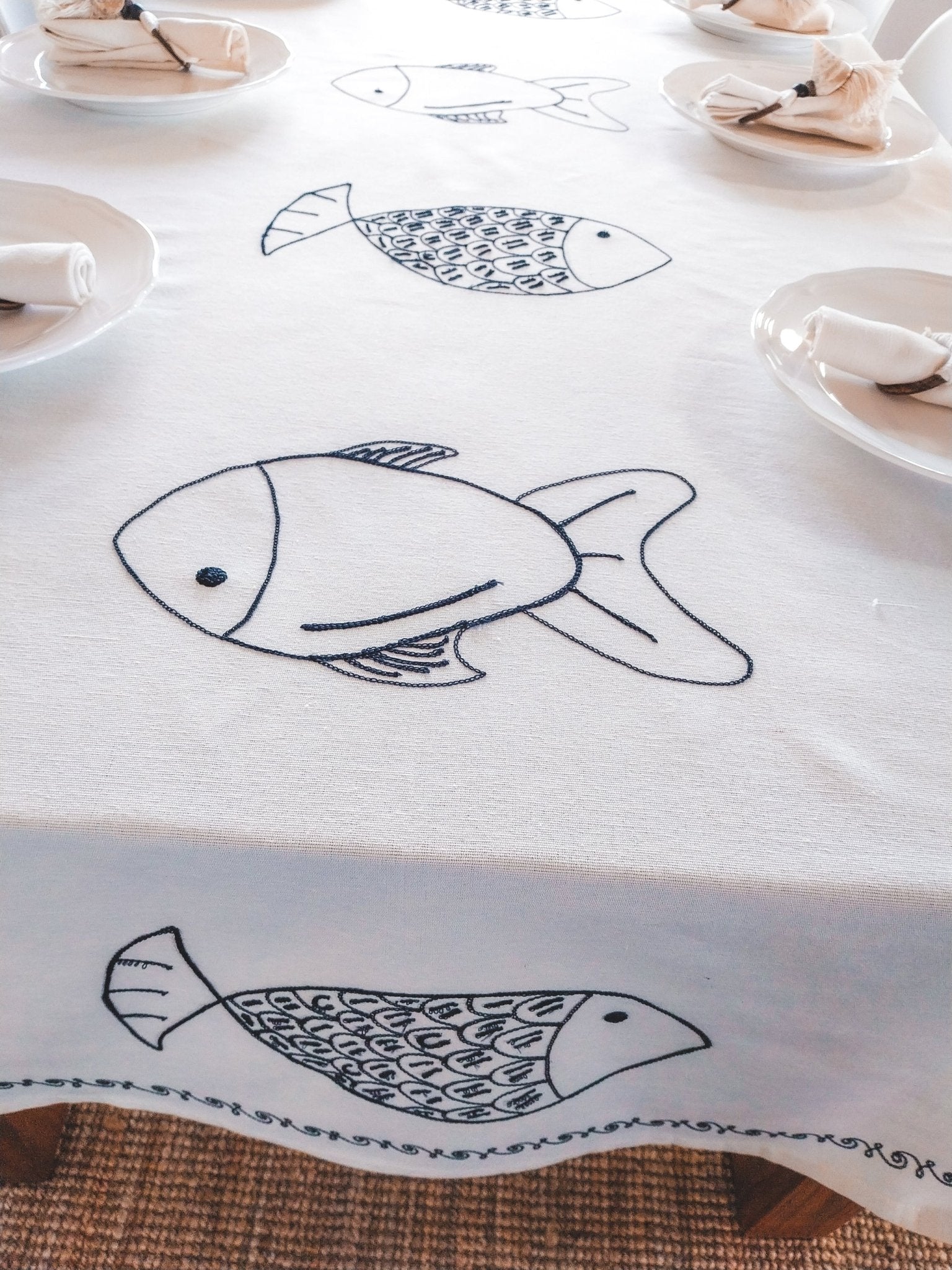 Off-White 3-meter Cotton Tablecloth with Blue Embroidered Fishes - Zapurah - Tablescapes - www.zapurah.com