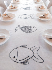 Off-White 3-meter Cotton Tablecloth with Blue Embroidered Fishes - Zapurah - Tablescapes - www.zapurah.com