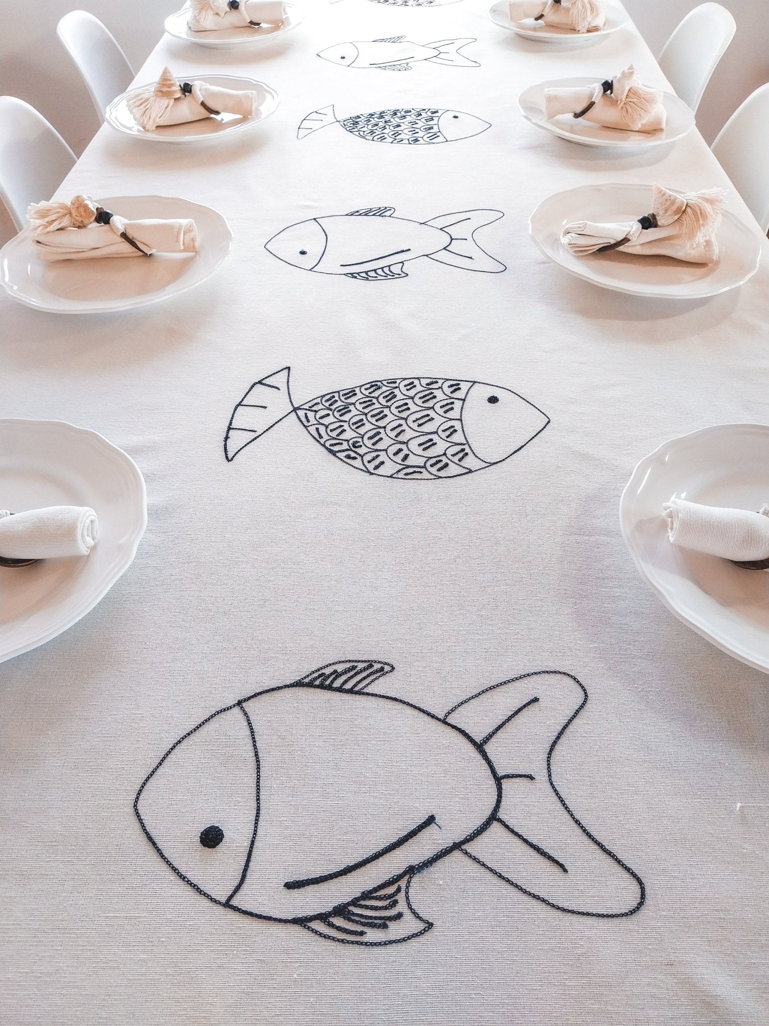 Off-White 3-meter Cotton Tablecloth with Blue Embroidered Fishes - Zapurah - Tablescapes - www.zapurah.com