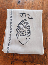 Off-White 3-meter Cotton Tablecloth with Blue Embroidered Fishes - Zapurah - Tablescapes - www.zapurah.com