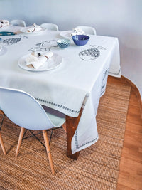 Off-White 3-meter Cotton Tablecloth with Blue Embroidered Fishes - Zapurah - Tablescapes - www.zapurah.com