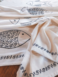 Off-White 3-meter Cotton Tablecloth with Blue Embroidered Fishes - Zapurah - Tablescapes - www.zapurah.com