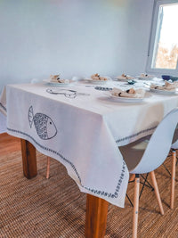 Off-White 3-meter Cotton Tablecloth with Blue Embroidered Fishes - Zapurah - Tablescapes - www.zapurah.com