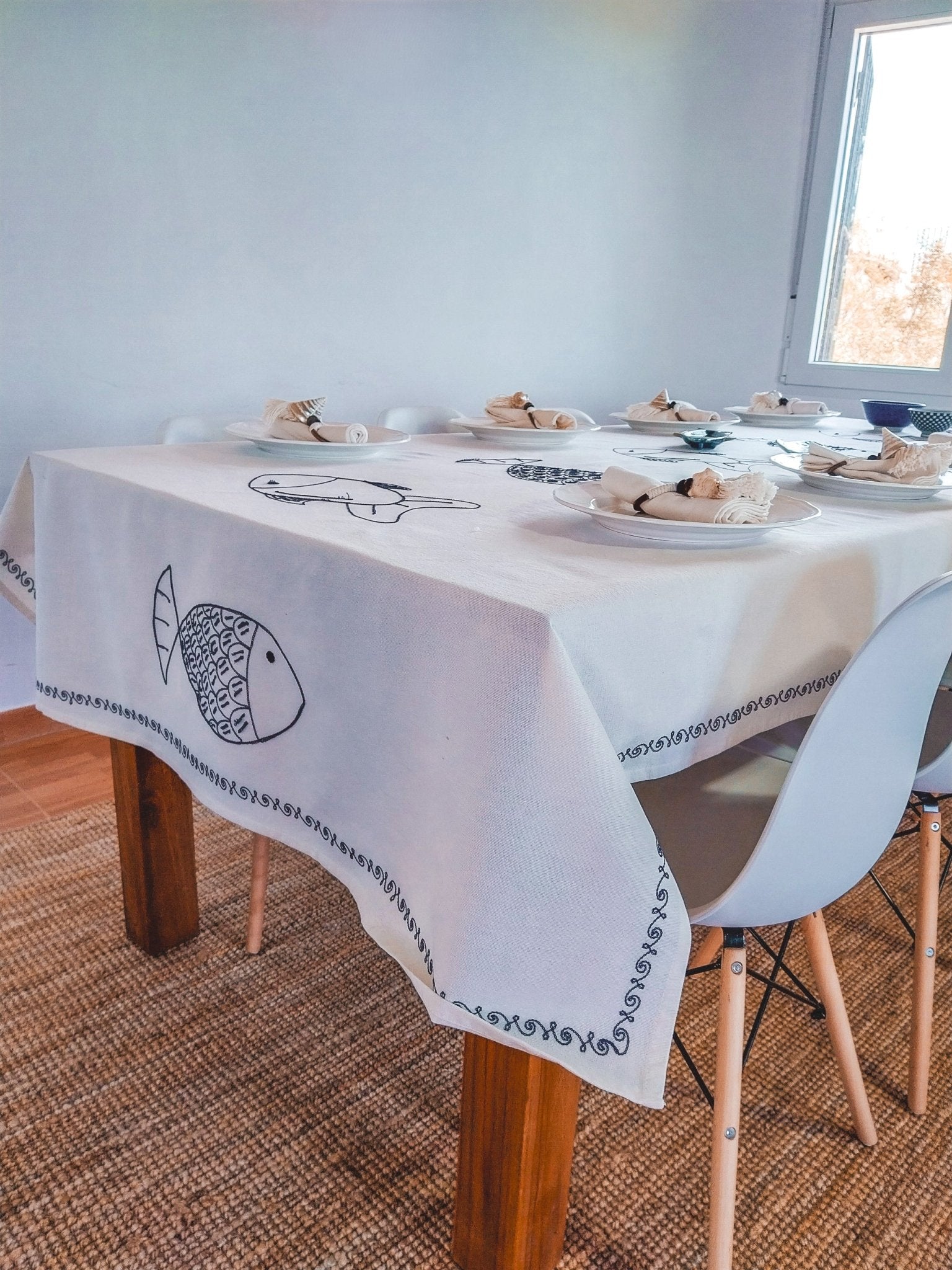 Off-White 3-meter Cotton Tablecloth with Blue Embroidered Fishes - Zapurah - Tablescapes - www.zapurah.com