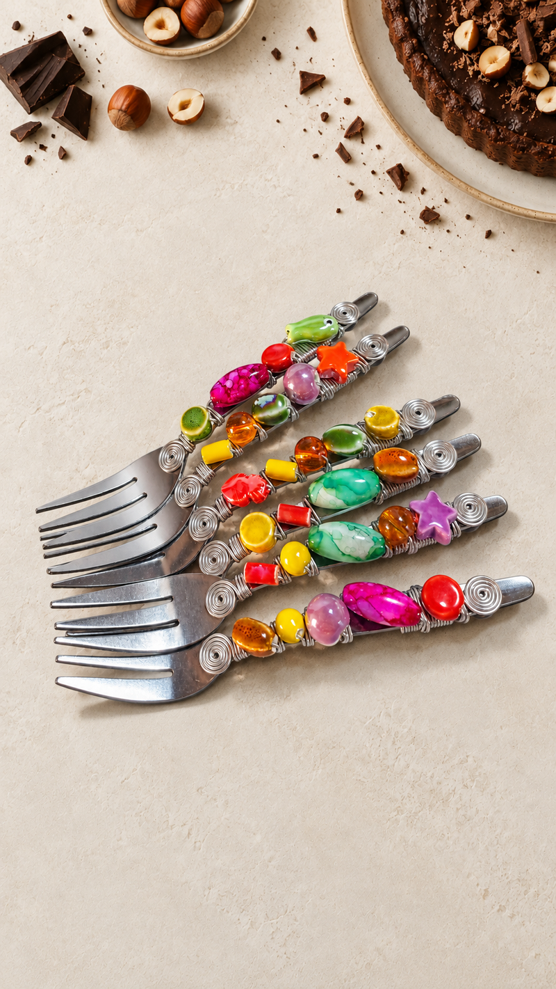 Set of 6 decorative pastry forks with colourful beaded handles and silver-coloured metal, designed as The Mujir.