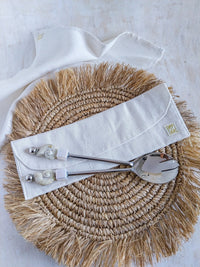 Salad Serving Spoons Set of 2 with Cream Color Beads on a Grass Placemat with Napkin - Zapurah - Home Decor - www.zapurah.com