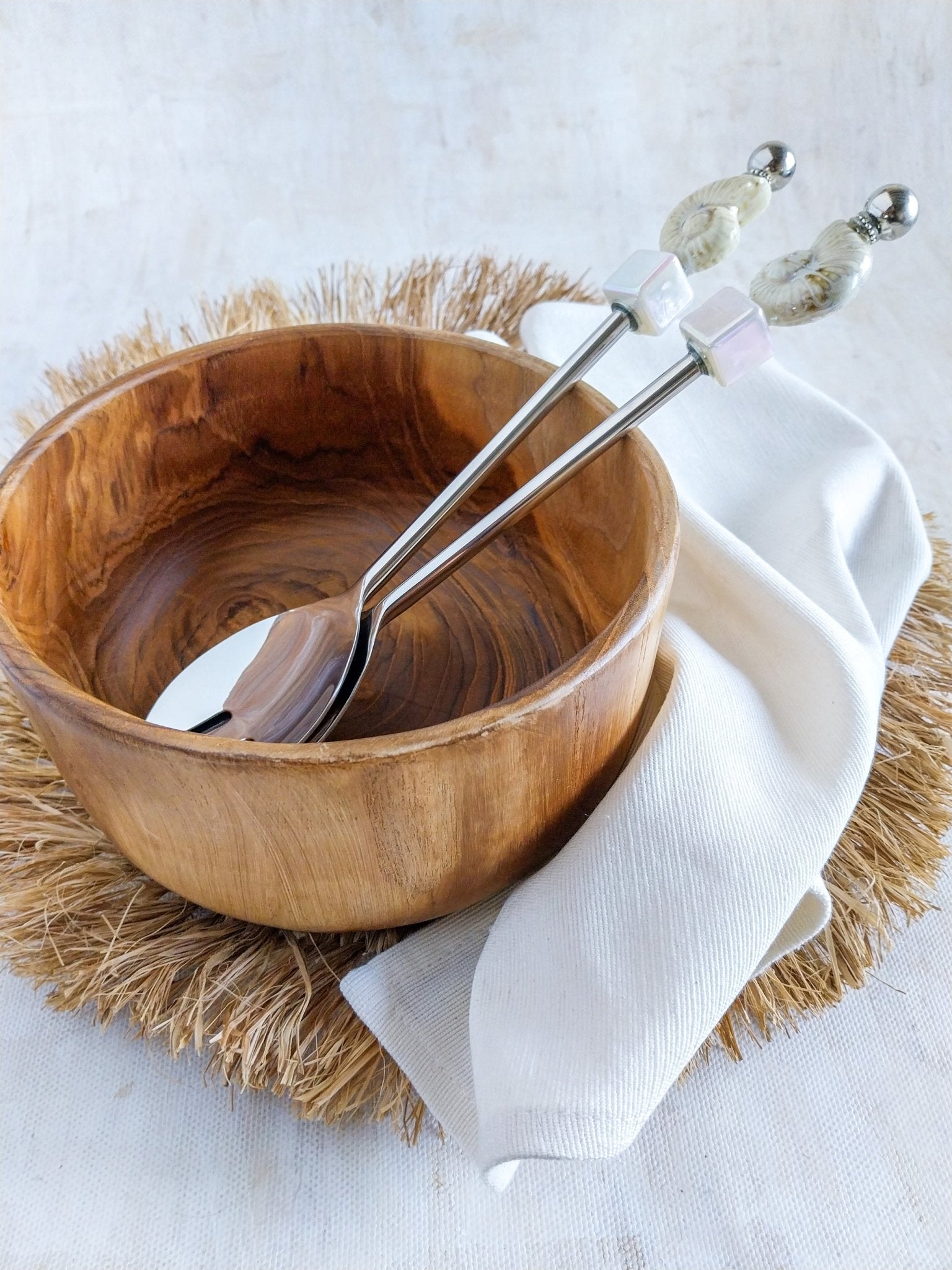 Salad Serving Spoons with Cream Color Beads in Wooden Bowl with Napkin - Set of 2 - Zapurah - Home Decor - www.zapurah.com