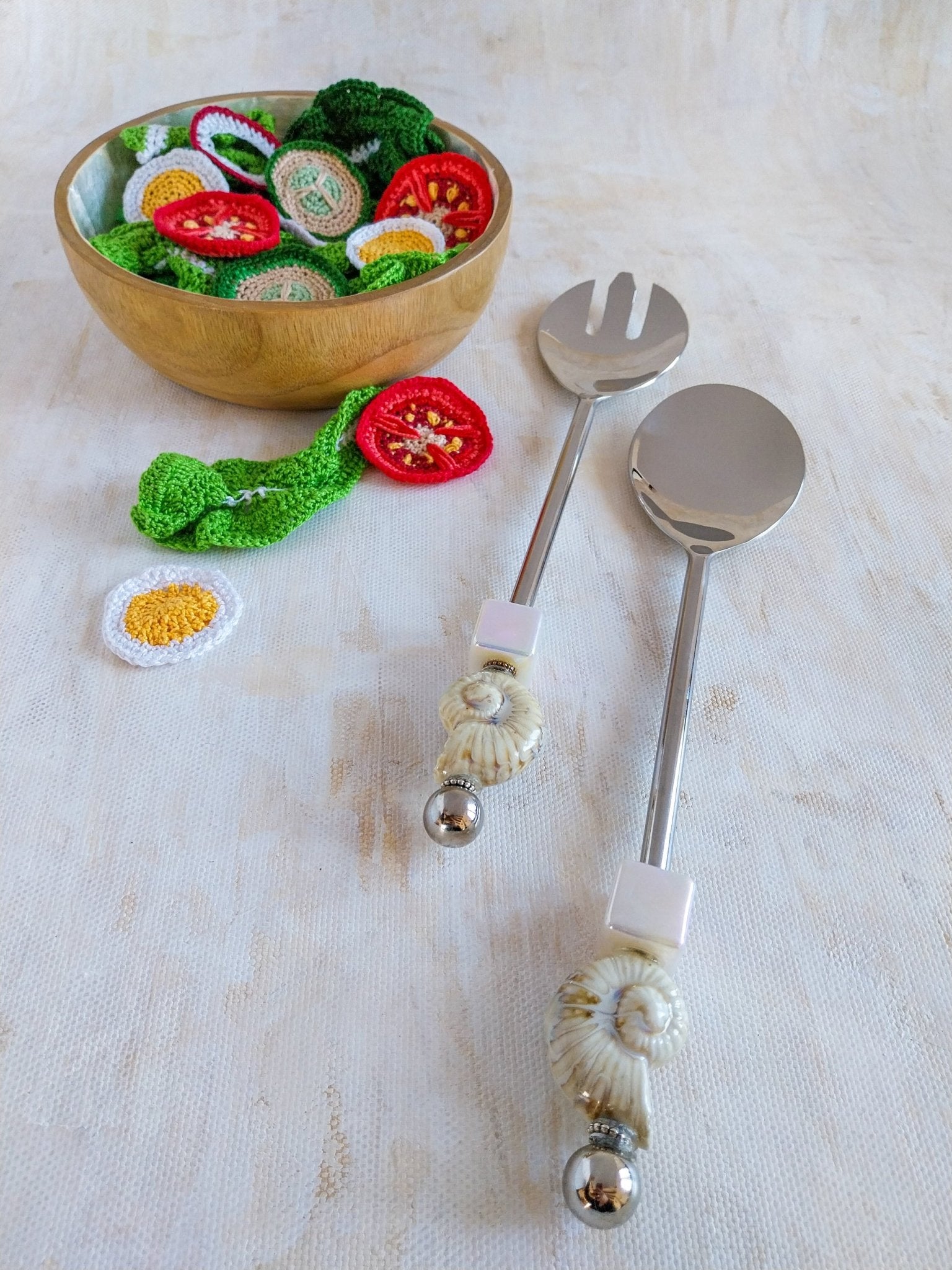 Salad Serving Spoons with Cream Color Beads on the Handles with Salad - Set of 2 - Zapurah - Home Decor - www.zapurah.com