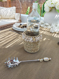 Cotton Tablecloth in Taupe Color with Macrame Fringe and Cowrie Shells - Zapurah - Tablescapes - www.zapurah.com