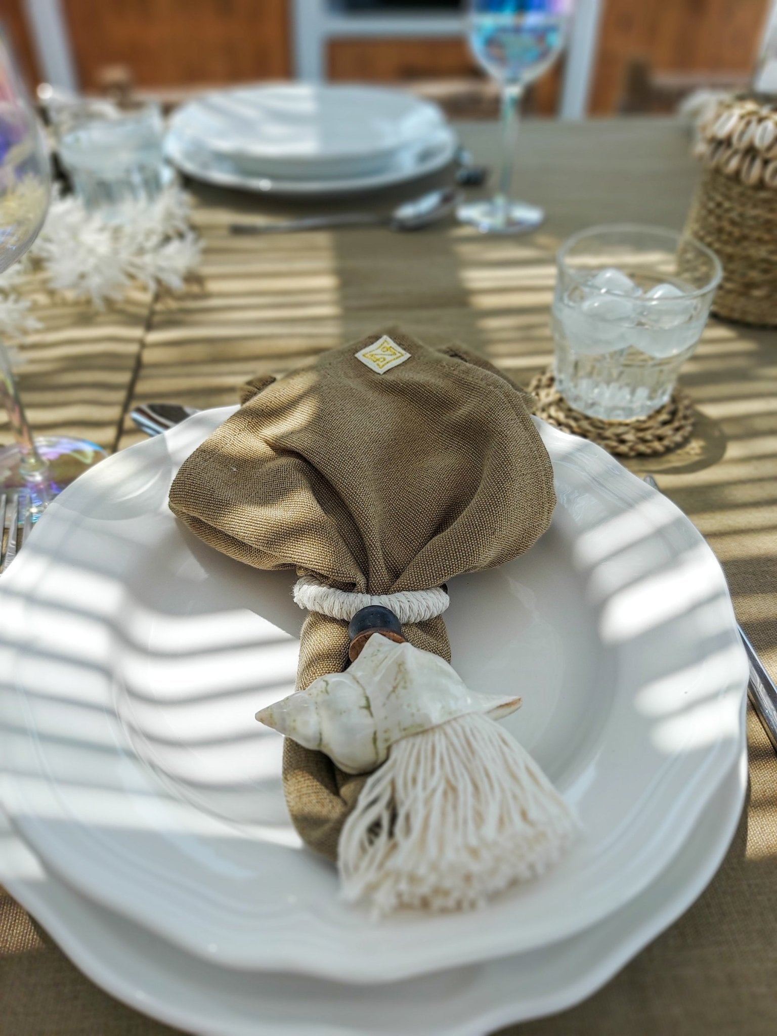 Cotton Tablecloth in Taupe Color with Macrame Fringe and Cowrie Shells - Zapurah - Tablescapes - www.zapurah.com