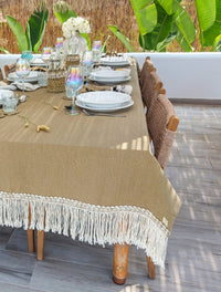 Cotton Tablecloth in Taupe Color with Macrame Fringe and Cowrie Shells - Zapurah - Tablescapes - www.zapurah.com