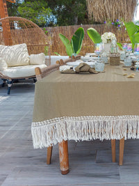 Cotton Tablecloth in Taupe Color with Macrame Fringe and Cowrie Shells - Zapurah - Tablescapes - www.zapurah.com