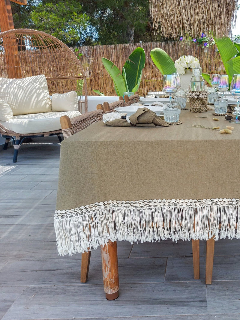 Cotton Tablecloth in Taupe Color with Macrame Fringe and Cowrie Shells - Zapurah - Tablescapes - www.zapurah.com