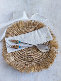 Salad Server Set with Brown Beads on a grass Placemat and a Cotton Napkin - Set of 2 - Zapurah - Home Decor - www.zapurah.com