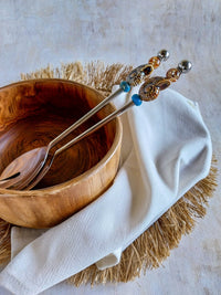 Salad Server Set with Brown Beads  in a Wooden Bowl on a Grass Placemat - Set of 2 - Zapurah - Home Decor - www.zapurah.com