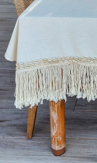 Cotton Tablecloth, 3 meter Off-White with Macrame Fringe and Cowrie Shells Logo - Zapurah - Table Decor - www.zapurah.com