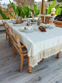 Cotton Tablecloth, 3 meter Off-White with Macrame Fringe and Cowrie Shells Logo - Zapurah - Table Decor - www.zapurah.com