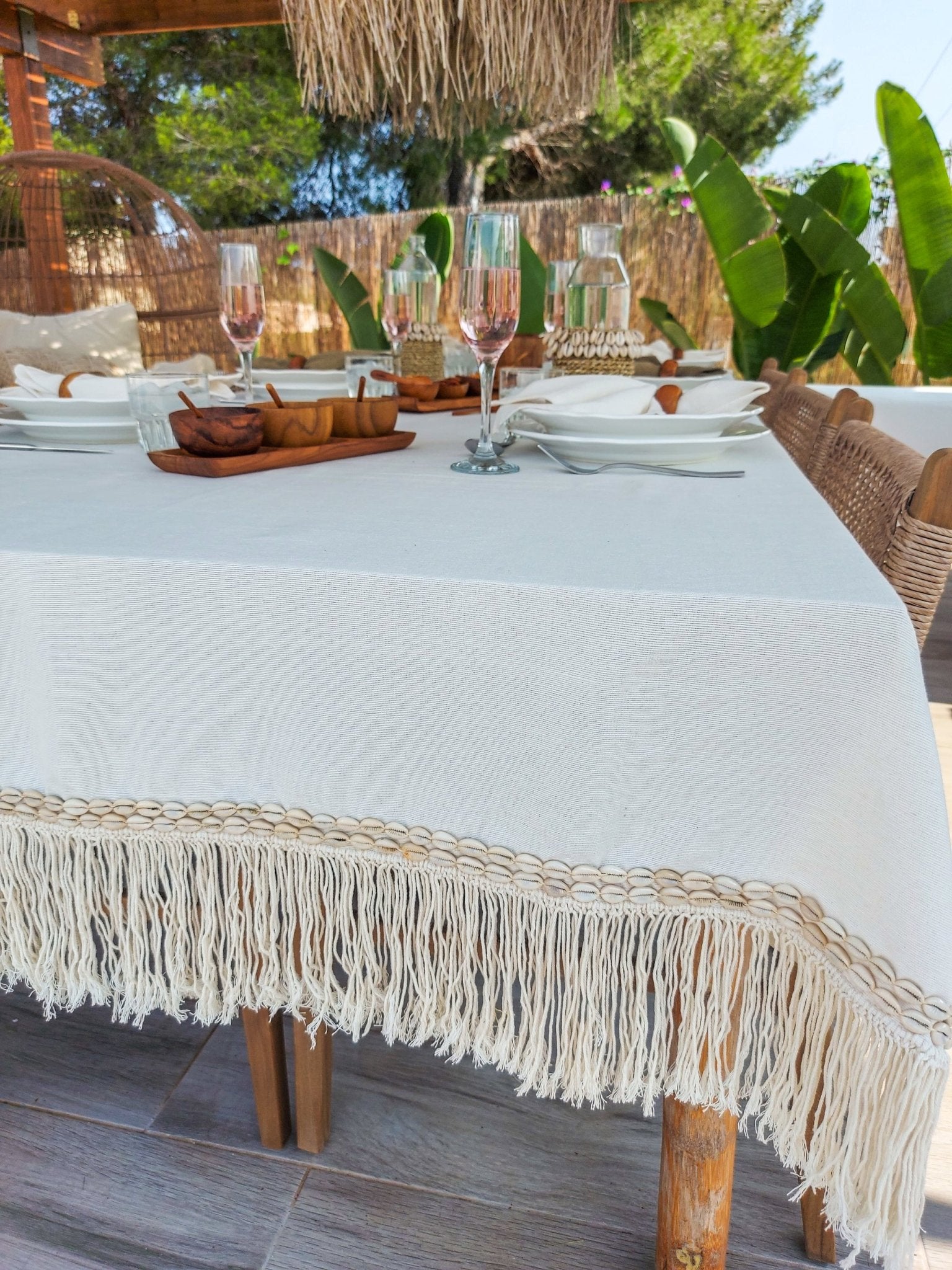Cotton Tablecloth, 3 meter Off-White with Macrame Fringe and Cowrie Shells Logo - Zapurah - Table Decor - www.zapurah.com