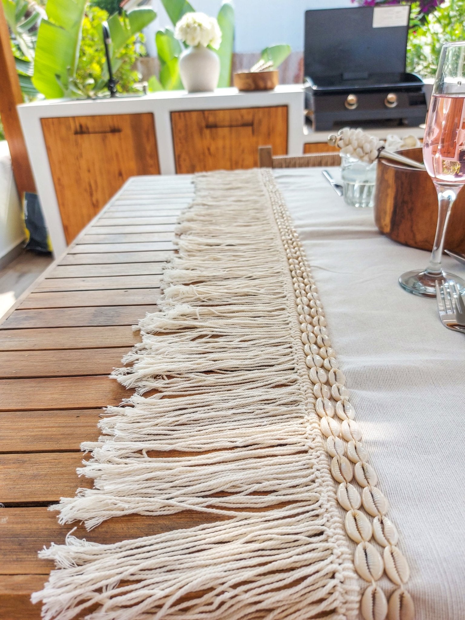 Cotton Tablecloth, 3 meter Off-White with Macrame Fringe and Cowrie Shells Logo - Zapurah - Table Decor - www.zapurah.com