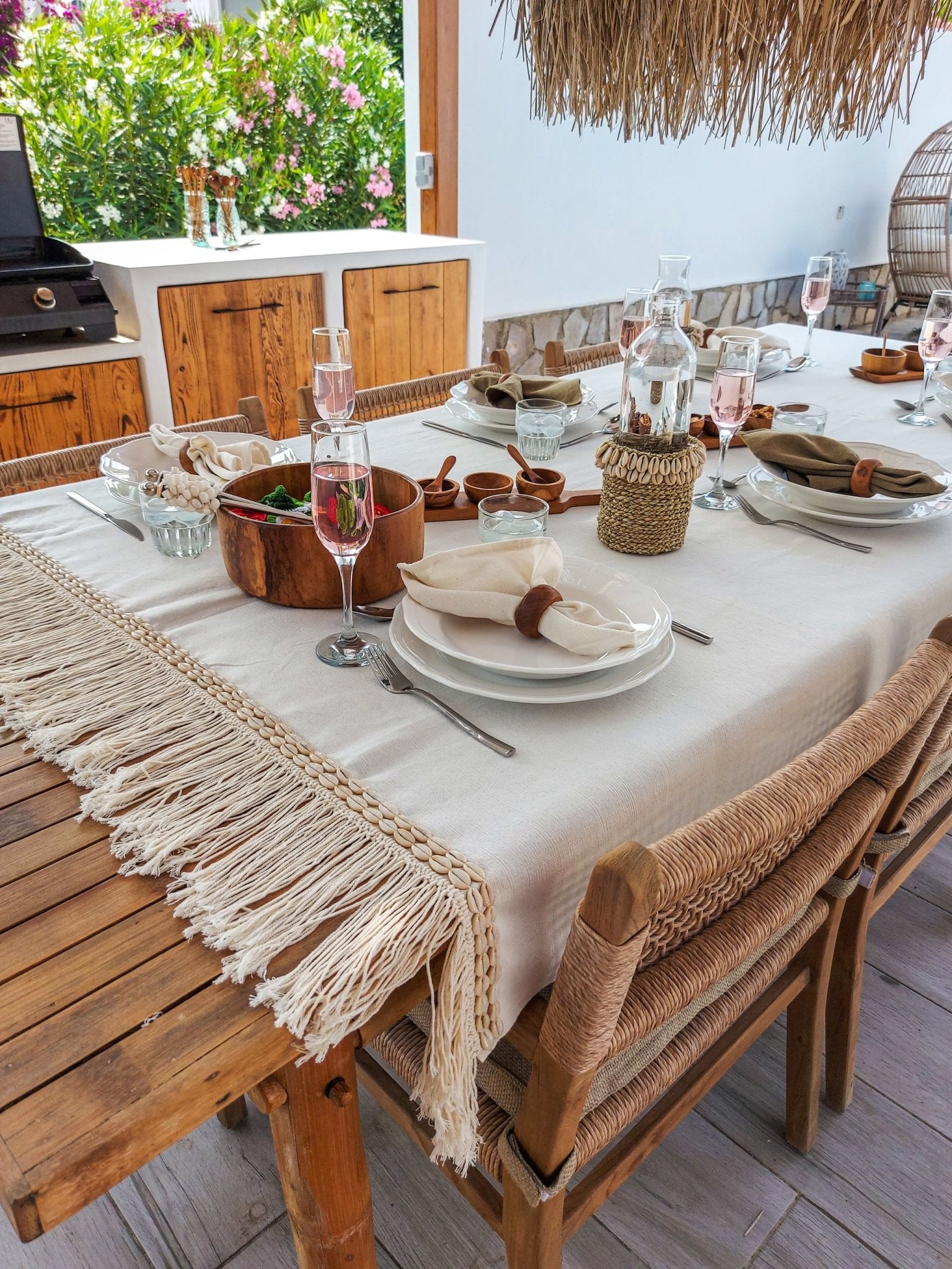Cotton Tablecloth, 3 meter Off-White with Macrame Fringe and Cowrie Shells Logo - Zapurah - Table Decor - www.zapurah.com