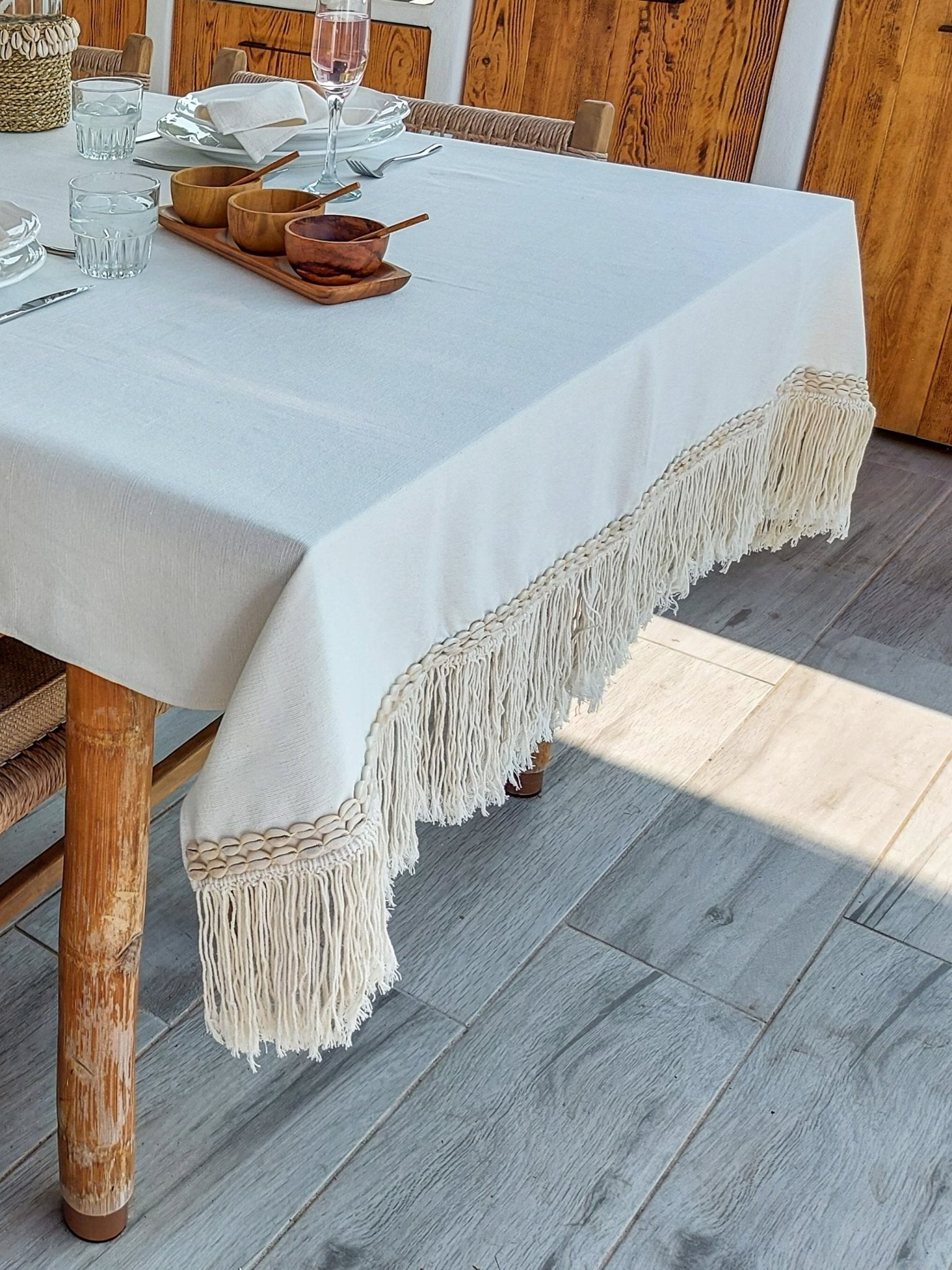 Cotton Tablecloth, 3 meter Off-White with Macrame Fringe and Cowrie Shells Logo - Zapurah - Table Decor - www.zapurah.com