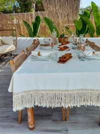 Cotton Tablecloth, 3 meter Off-White with Macrame Fringe and Cowrie Shells Logo - Zapurah - Table Decor - www.zapurah.com