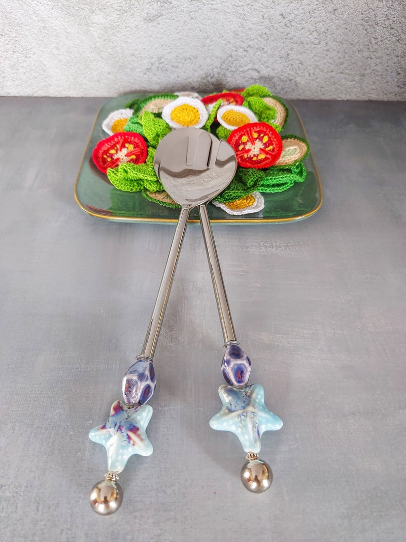Salad Serving Utensils with Blue Porcelain Beads to serve your Salads - Set of 2 - Zapurah Home Decor - www.zapurah.com
