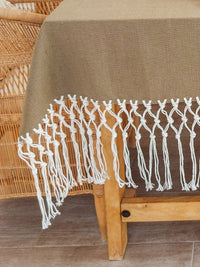 Cotton Tablecloth, Taupe color with Macrame Fringe - Zapurah - Lifestyle - www.zapurah.com