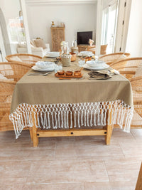 Cotton Tablecloth, Taupe color with Macrame Fringe - Zapurah - Lifestyle - www.zapurah.com