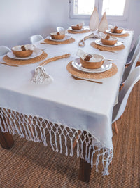 Cotton Tablecloth, Natural Off-White with Macrame Cord Fringe - Zapurah - Table Decor - www.zapurah.com