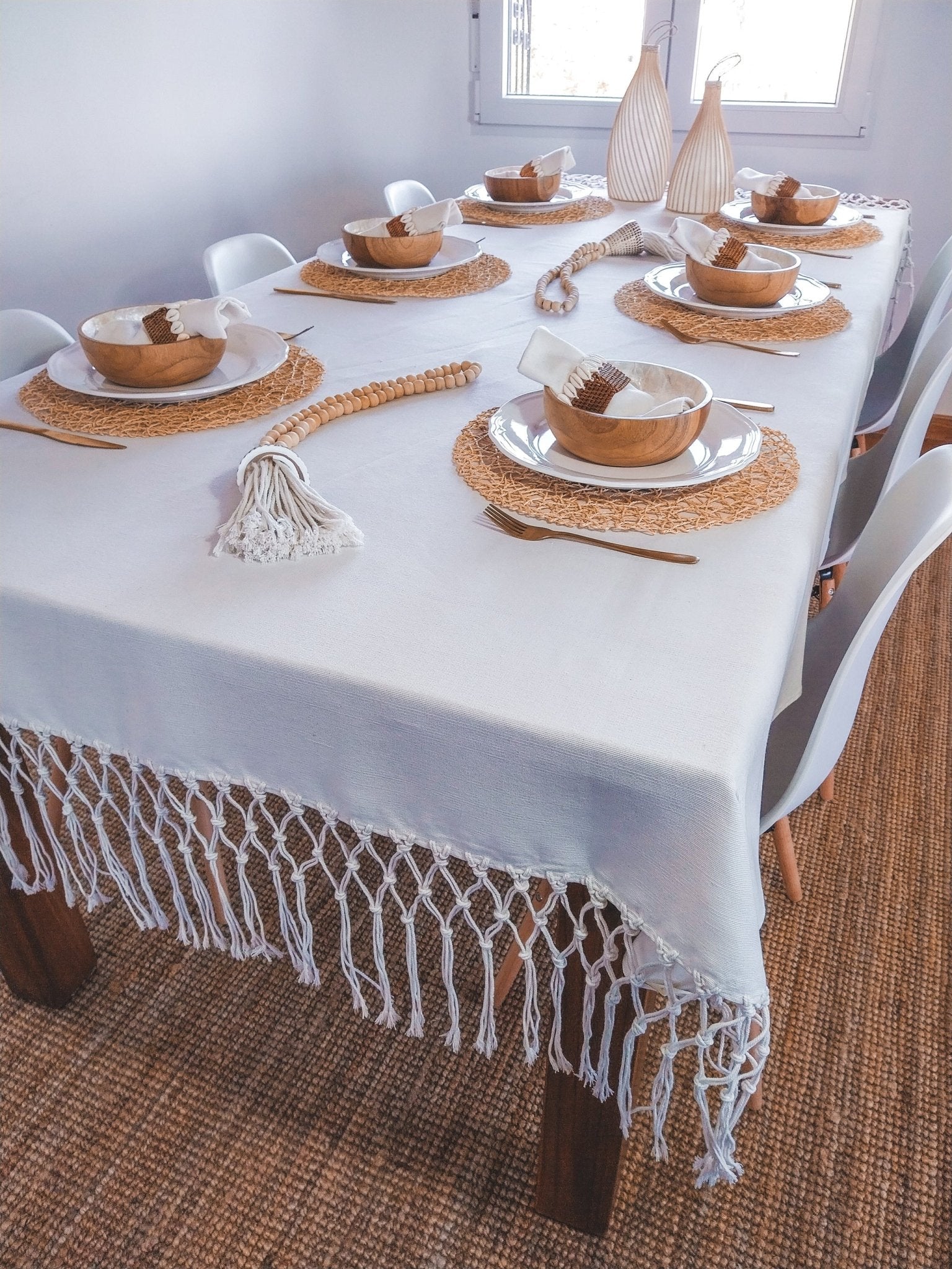 Cotton Tablecloth, Natural Off-White with Macrame Cord Fringe - Zapurah - Table Decor - www.zapurah.com