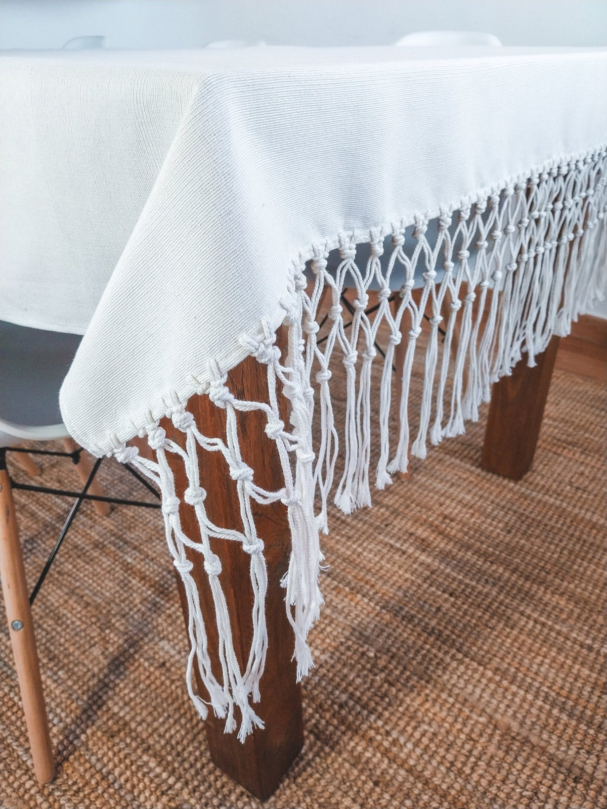 Cotton Tablecloth, Natural Off-White with Macrame Cord Fringe - Zapurah - Table Decor - www.zapurah.com
