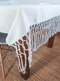 Cotton Tablecloth, Natural Off-White with Macrame Cord Fringe - Zapurah - Table Decor - www.zapurah.com