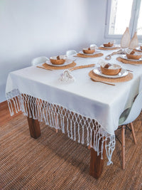 Cotton Tablecloth, Natural Off-White with Macrame Cord Fringe - Zapurah - Table Decor - www.zapurah.com