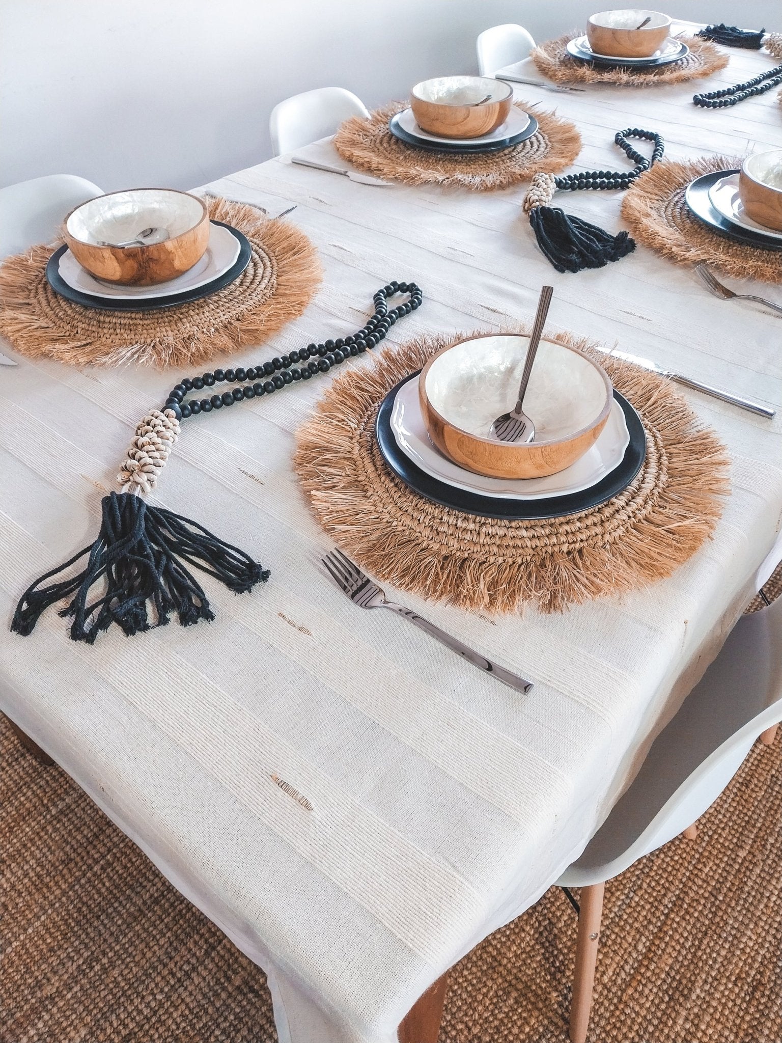Natural Off-white 3 meter Tablecloth with Cotton Cocoons and Border - Zapurah - Table Decor - www.zapurah.com