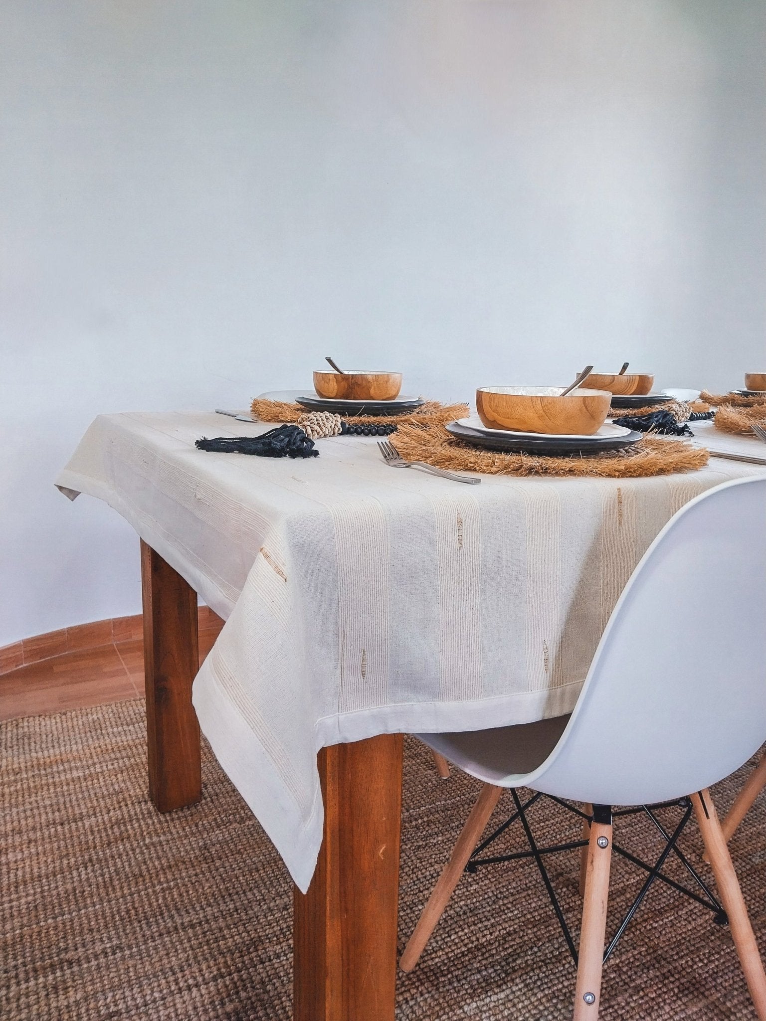 Natural Off-white 3 meter Tablecloth with Cotton Cocoons and Border - Zapurah - Table Decor - www.zapurah.com