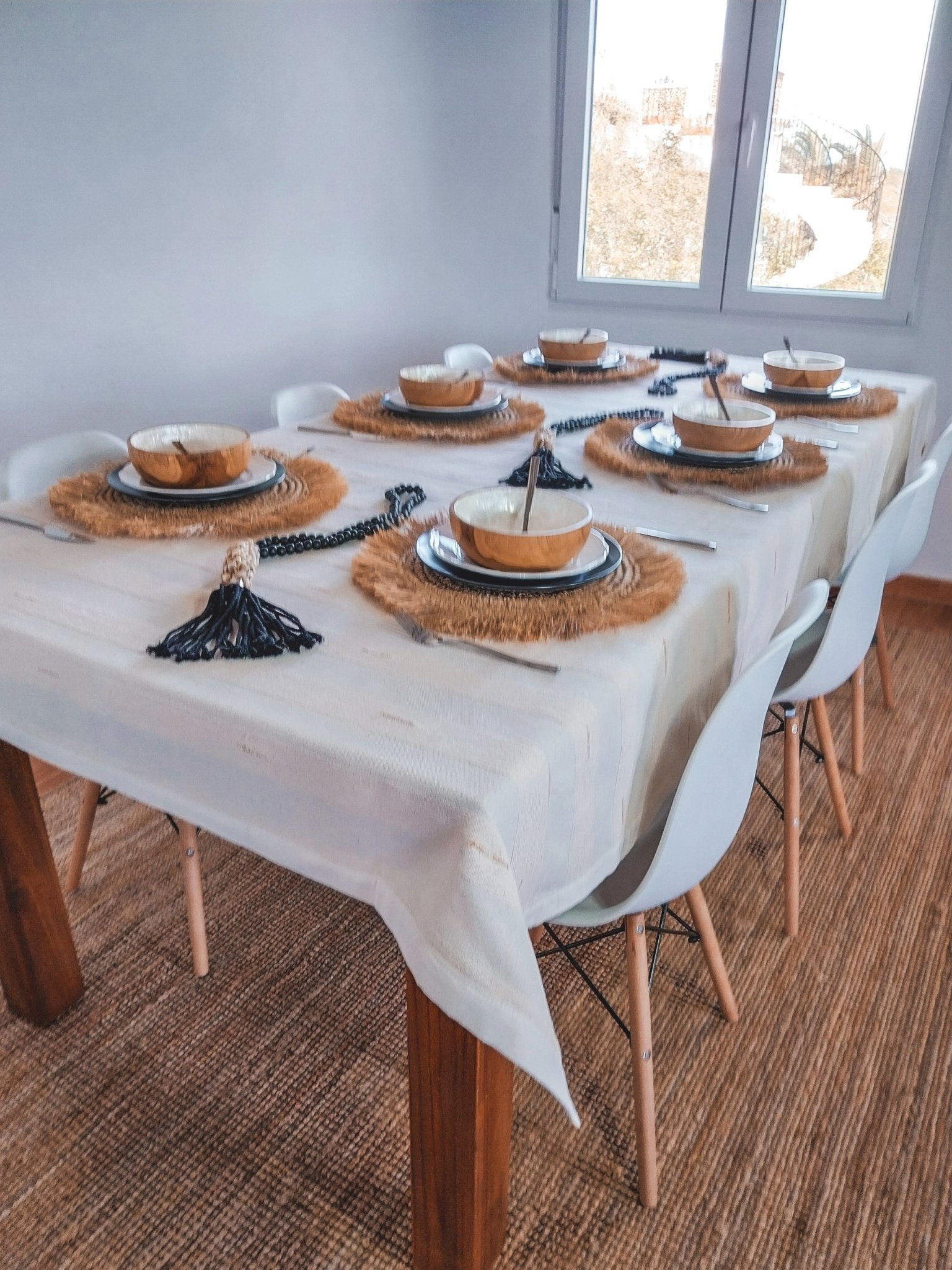 Natural Off-white 3 meter Tablecloth with Cotton Cocoons and Border - Zapurah - Table Decor - www.zapurah.com