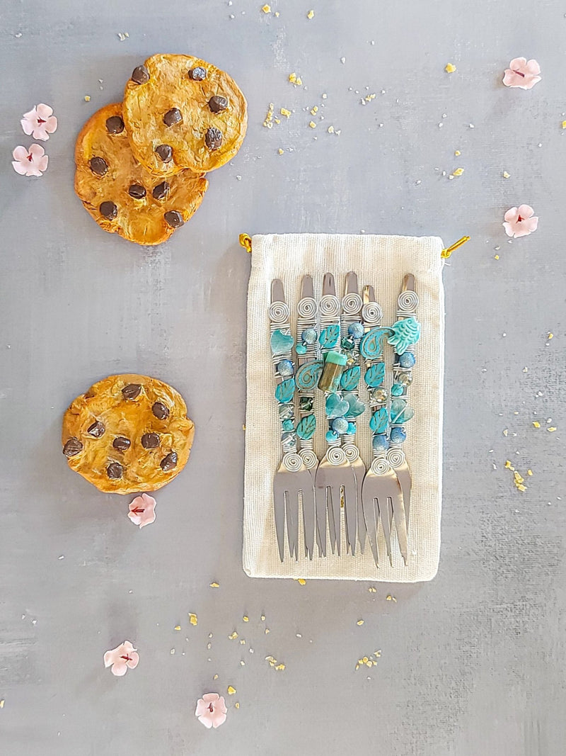 Pastry Forks set with Turquoise Beads for Cake, Pastry or Pie - Set of 6 - Zapurah - Table Decor - www.zapurah.com