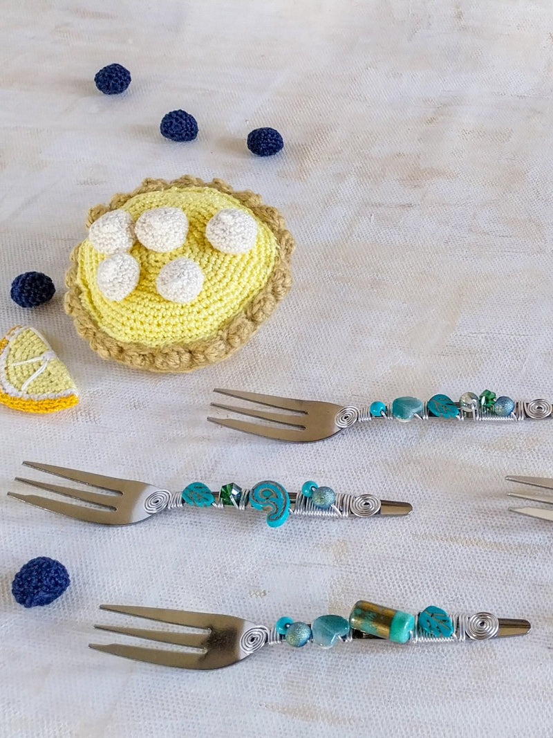 Pastry Forks set with Turquoise Beads for Cake, Pastry or Pie - Set of 6 - Zapurah - Table Decor - www.zapurah.com